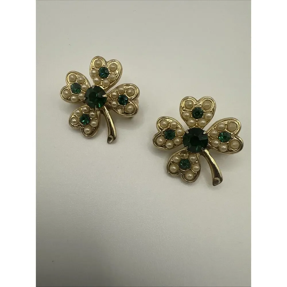 Lot of Two Shamrock Scatter Pins Gold Tone Rhinestone Imitation Pearl‎ LOOK READ